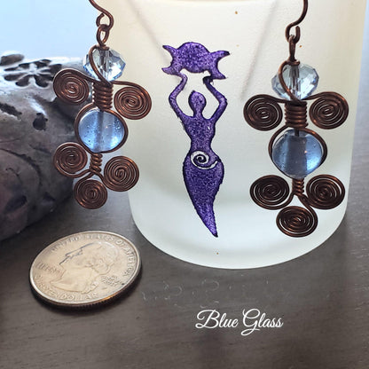 Blue Glass Wire Wrap Earrings, Copper Metaphysical Jewelry JE59