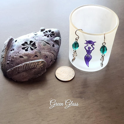 Green Glass Bead Earrings, Silver Wire Swirls, Unisex Jewelry JE60