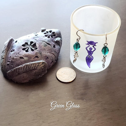 Green Glass Bead Earrings, Silver Wire Swirls, Unisex Jewelry JE60
