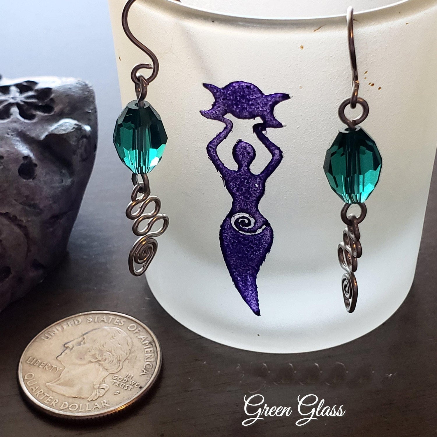 Green Glass Bead Earrings, Silver Wire Swirls, Unisex Jewelry JE60
