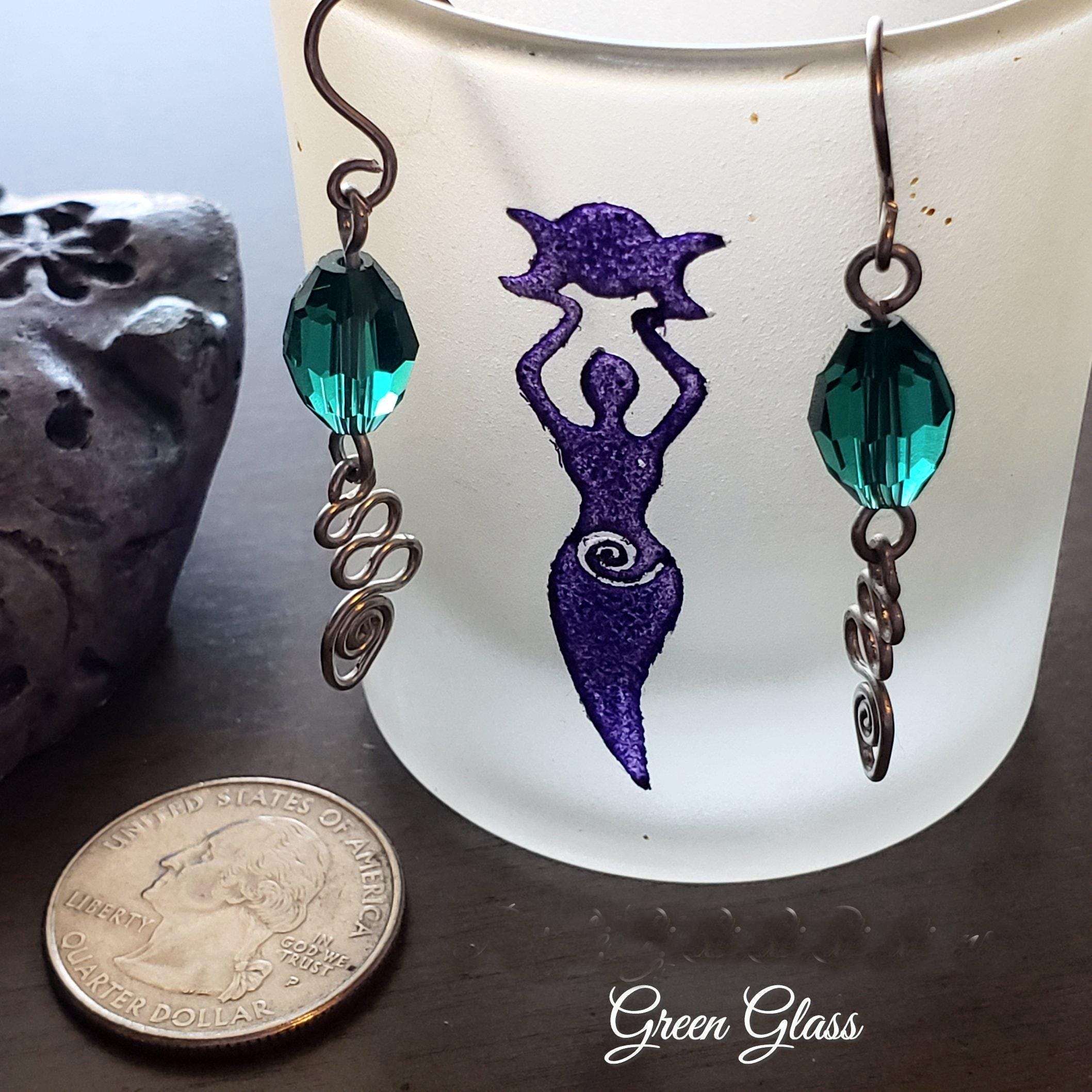 Green Glass Bead Earrings, Silver Wire Swirls, Unisex Jewelry JE60