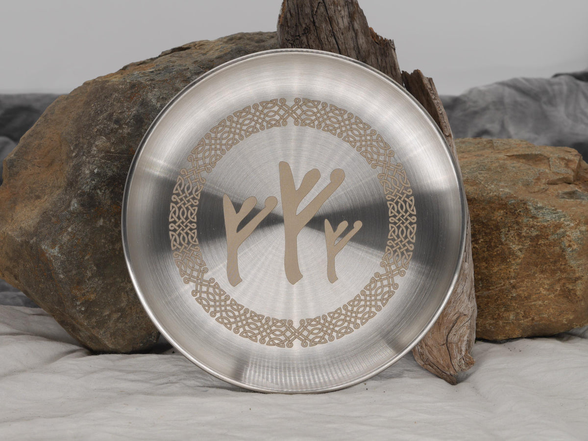 Fehu Rune Altar Plate – Engraved Stainless Steel Abundance Offering Bowl