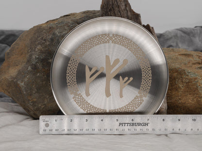 Fehu Rune Altar Plate – Engraved Stainless Steel Abundance Offering Bowl