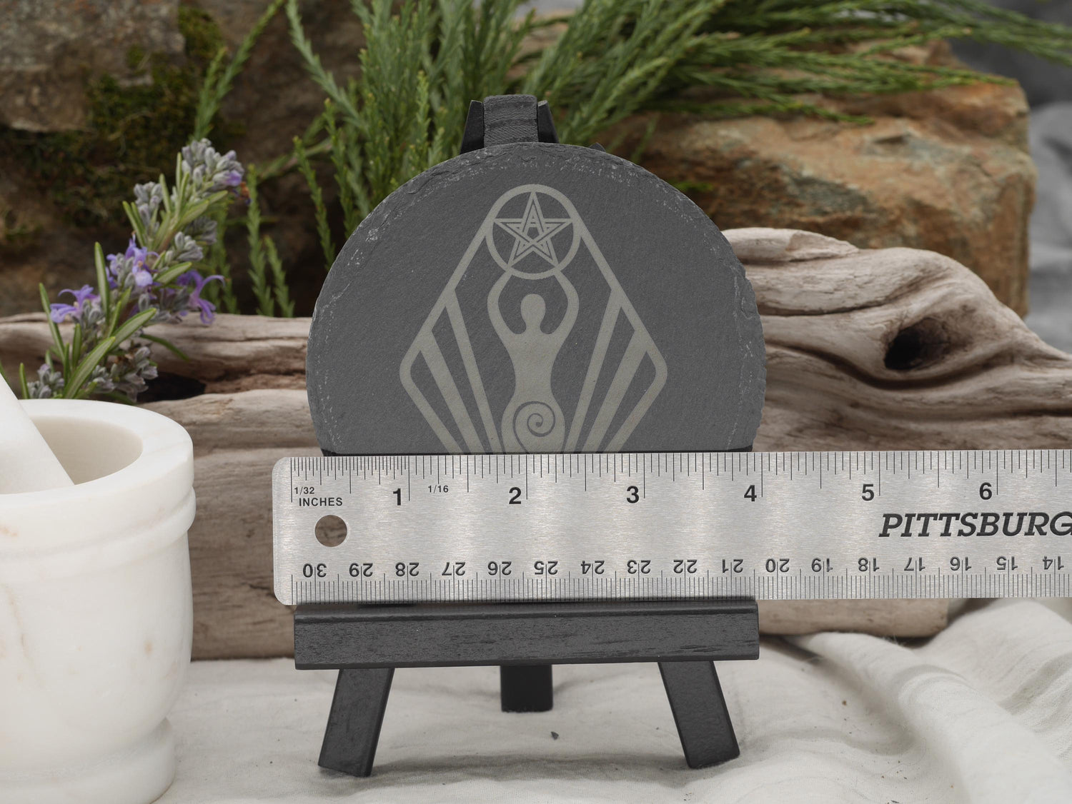 Goddess Pentacle Slate Altar Tray: Engraved Offering Plate, 4 Inch