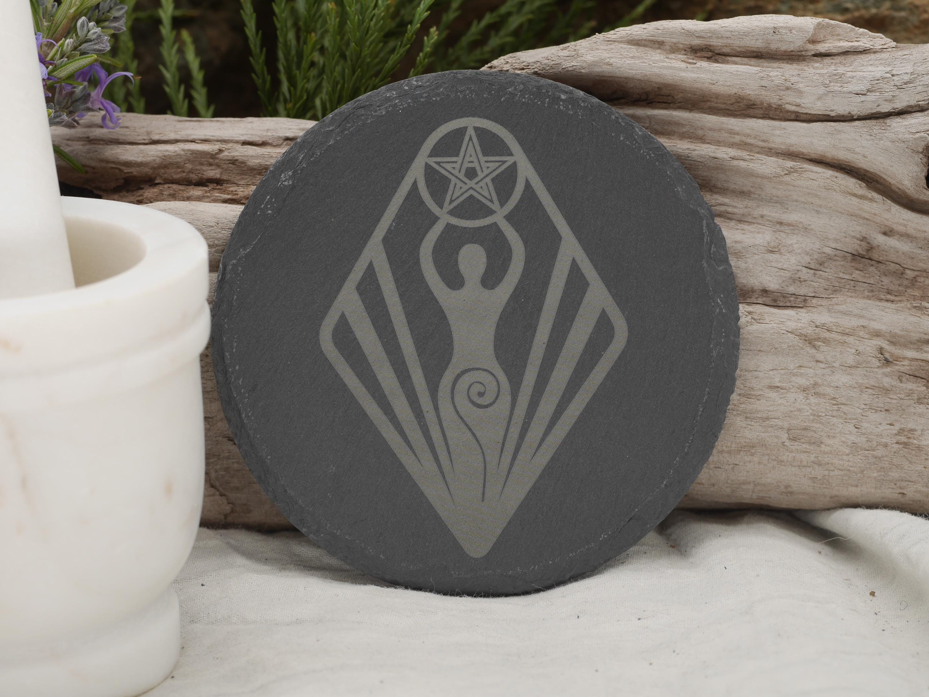 Goddess Pentacle Slate Altar Tray: Engraved Offering Plate, 4 Inch