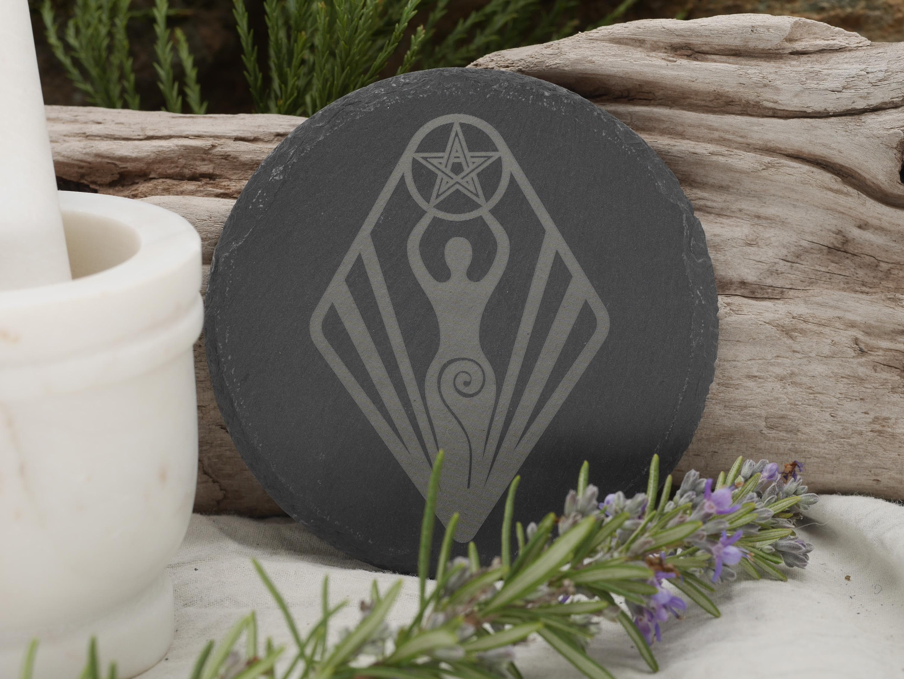Goddess Pentacle Slate Altar Tray: Engraved Offering Plate, 4 Inch