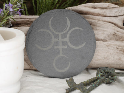 Hecate Symbol Slate Altar Tray: Engraved Sigil Coaster