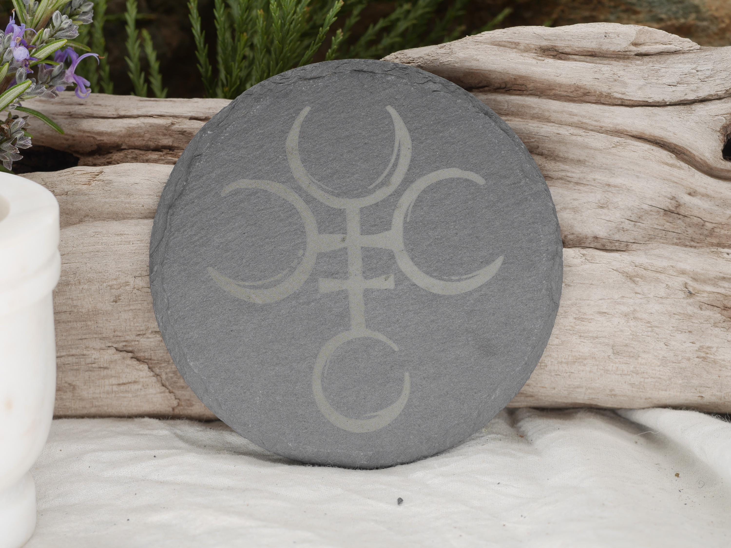 Hecate Symbol Slate Altar Tray: Engraved Sigil Coaster