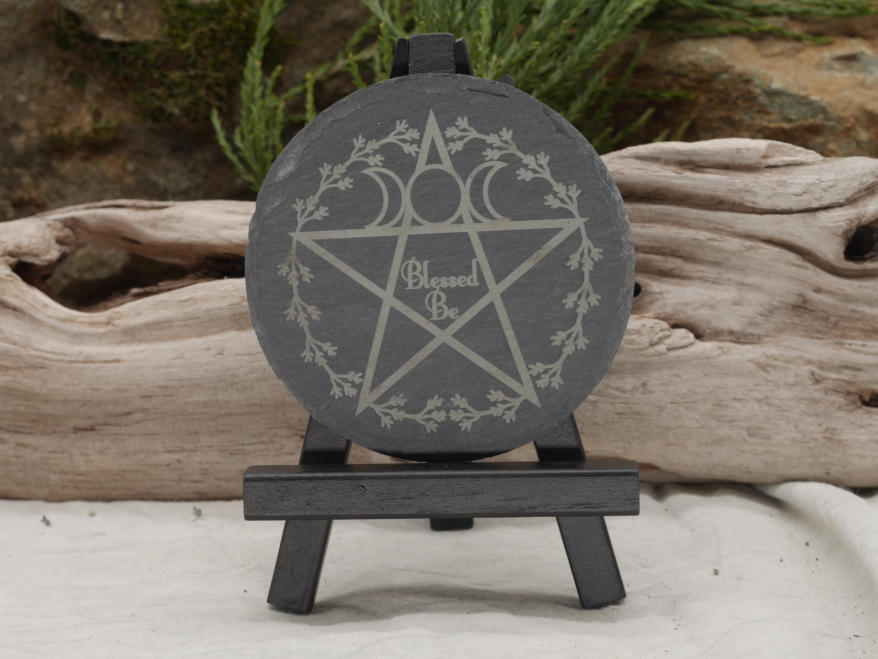Engraved Slate Mini Altar Tray: Pentacle, Triple Moon, Floral Wreath (4 Inches)