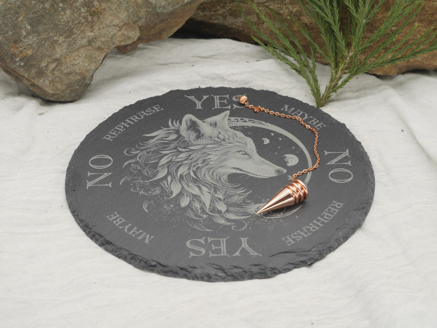 Mystical Wolf Pendulum Board on Natural Slate Tray - Divination - Altar Piece