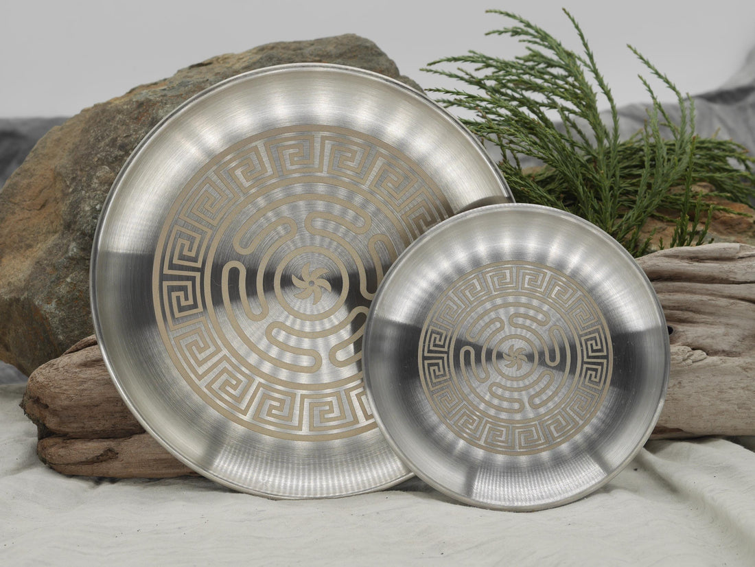 Strophalos of Hecate Altar Tray: Engraved Greek Key Stainless Steel (5 1/2&amp;quot;)