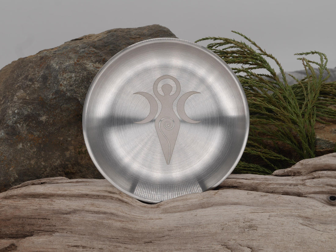 Triple Moon Goddess Altar Tray: Engraved Stainless Steel Offering Plate (5 1/2&amp;quot;)