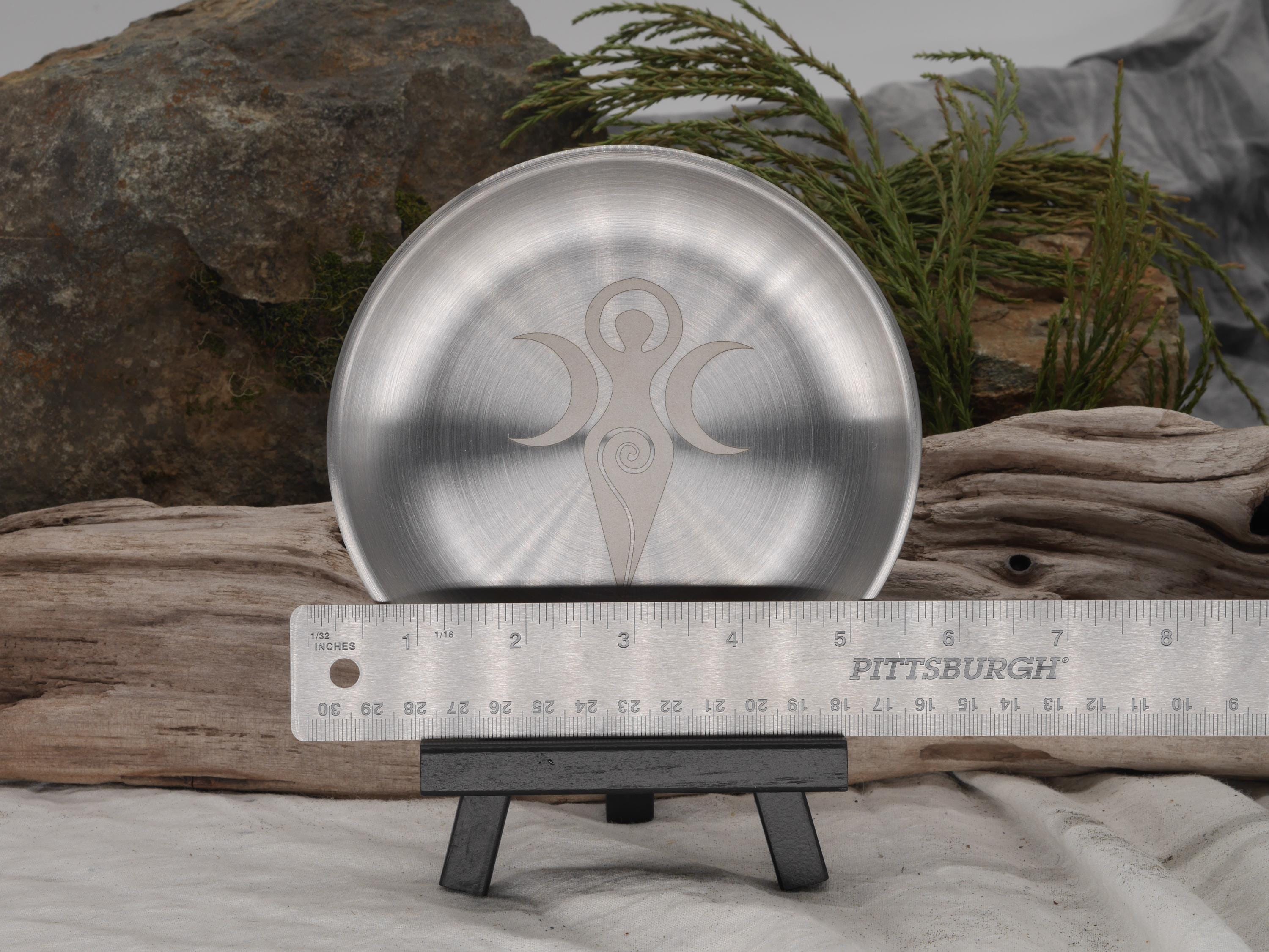 Triple Moon Goddess Altar Tray: Engraved Stainless Steel Offering Plate (5 1/2&amp;quot;)