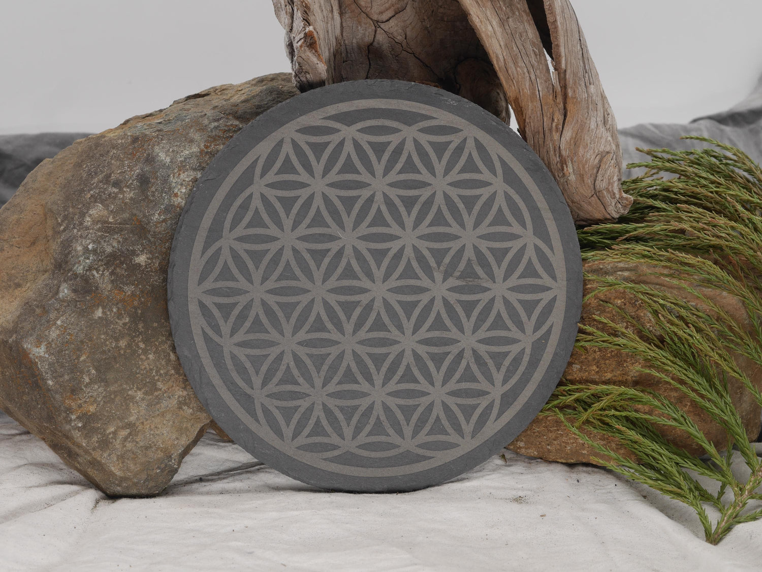 Flower of Life Crystal Grid Engraved on Natural Slate Tray - Altar Piece - Sacred Geometry