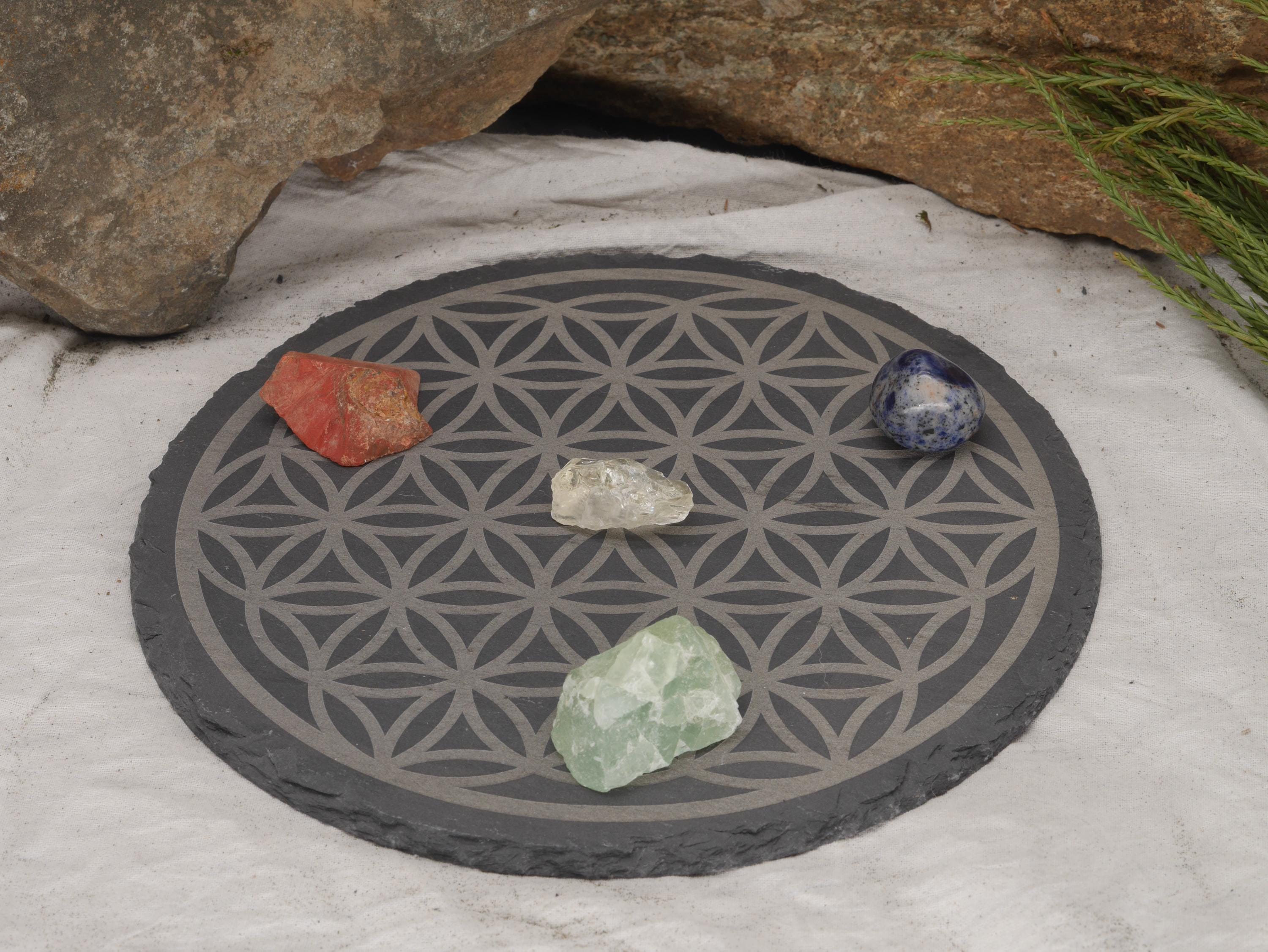 Flower of Life Crystal Grid Engraved on Natural Slate Tray - Altar Piece - Sacred Geometry