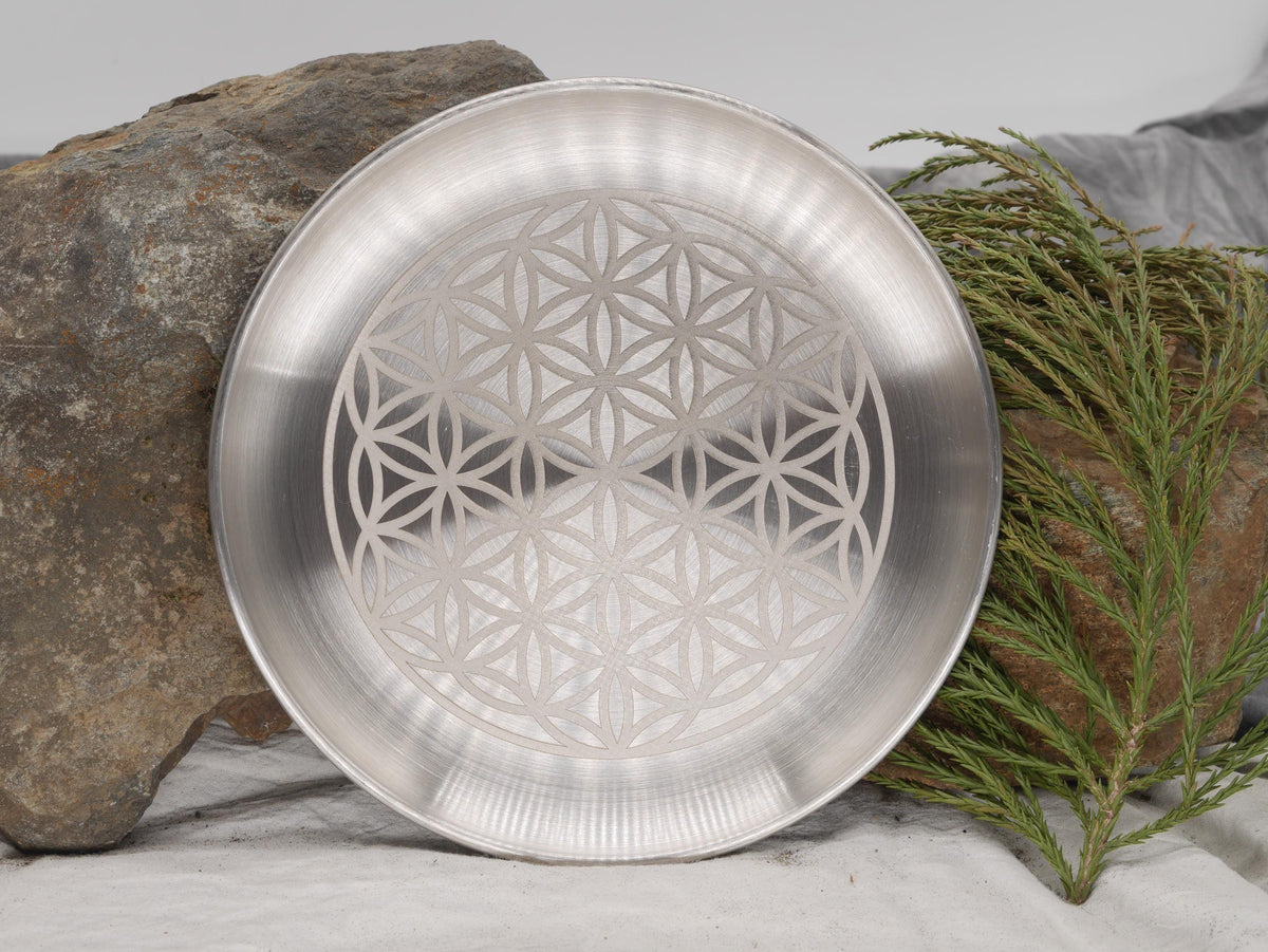 Flower of Life Altar Plate: Engraved Stainless Steel Offering Tray