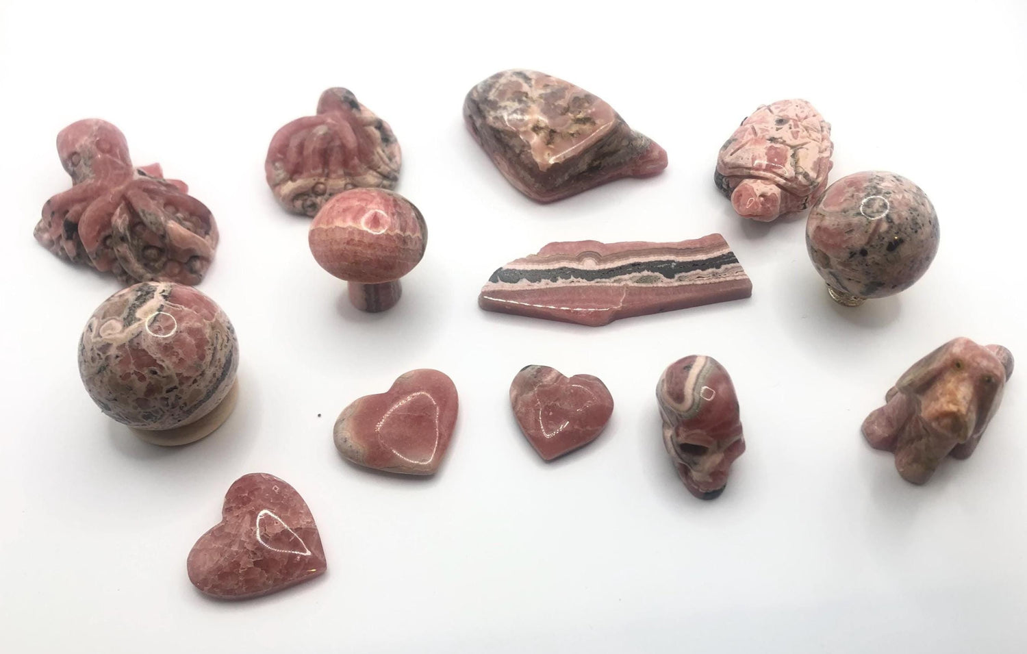 Rhodochrosite Carvings: Crystal Octopus, Turtle, Skull &amp; More