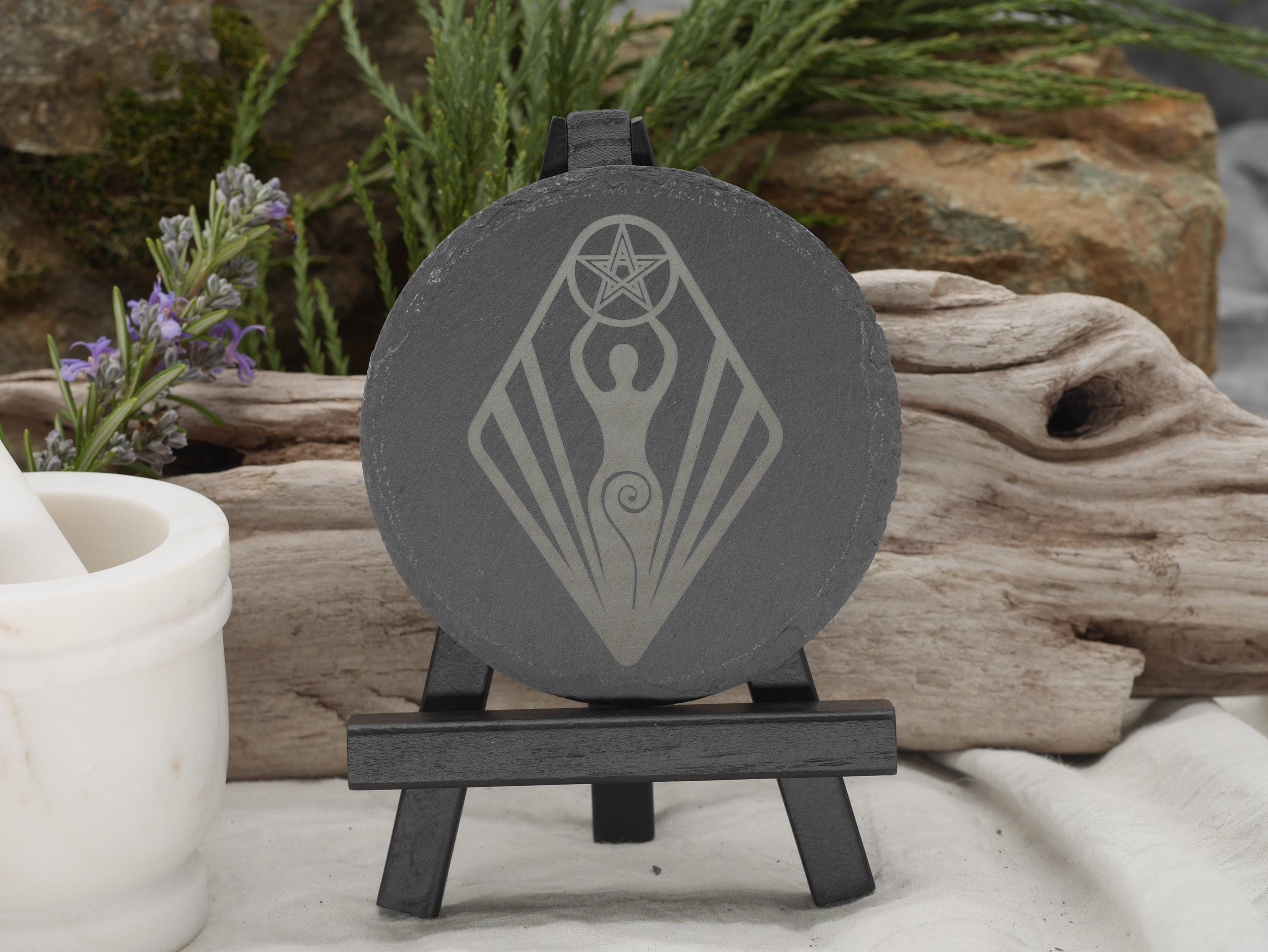Goddess Pentacle Slate Altar Tray: Engraved Offering Plate, 4 Inch
