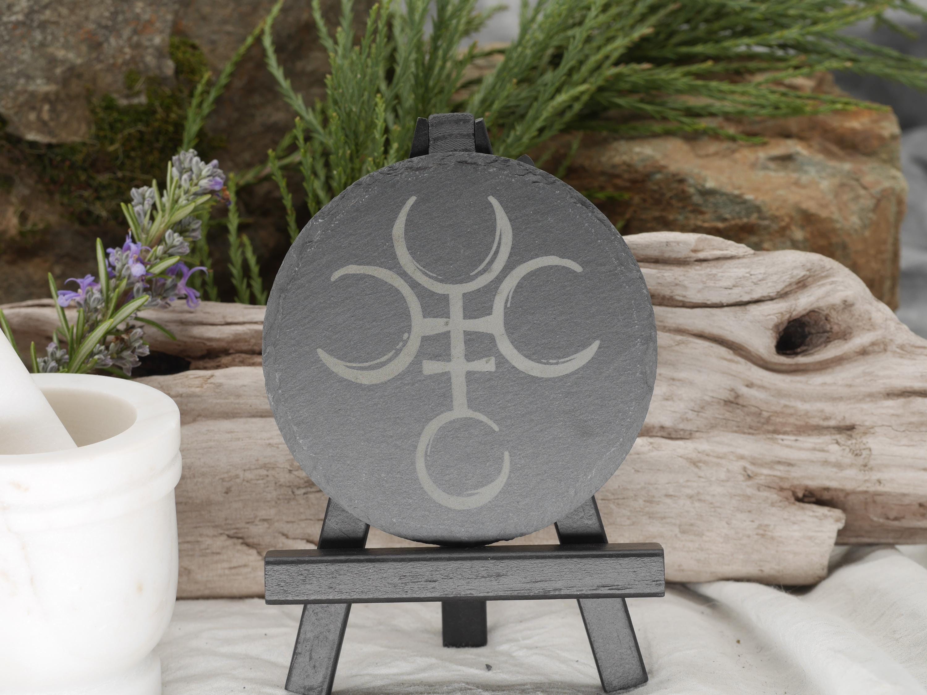 Hecate Symbol Slate Altar Tray: Engraved Sigil Coaster