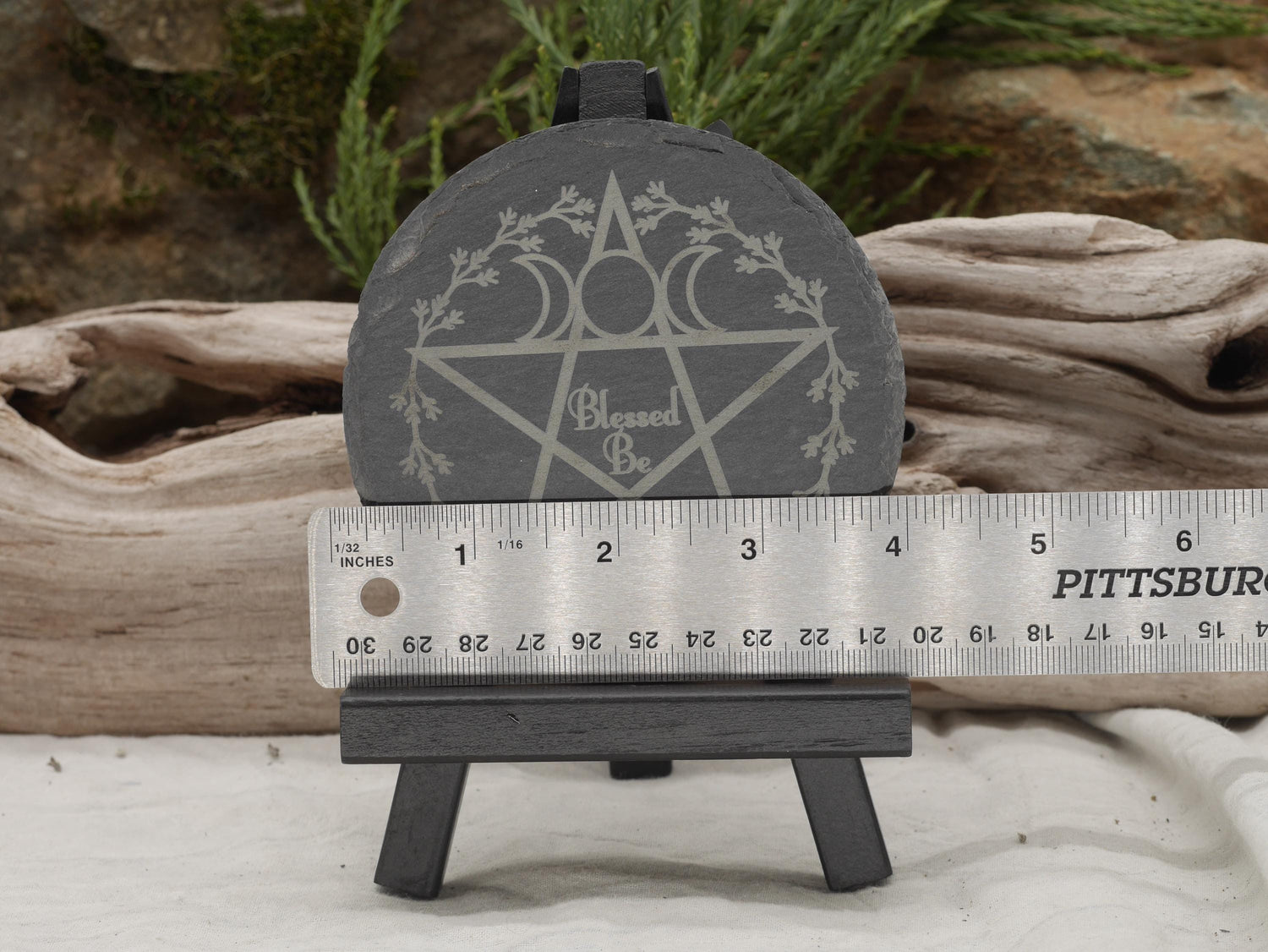 Engraved Slate Mini Altar Tray: Pentacle, Triple Moon, Floral Wreath (4 Inches)