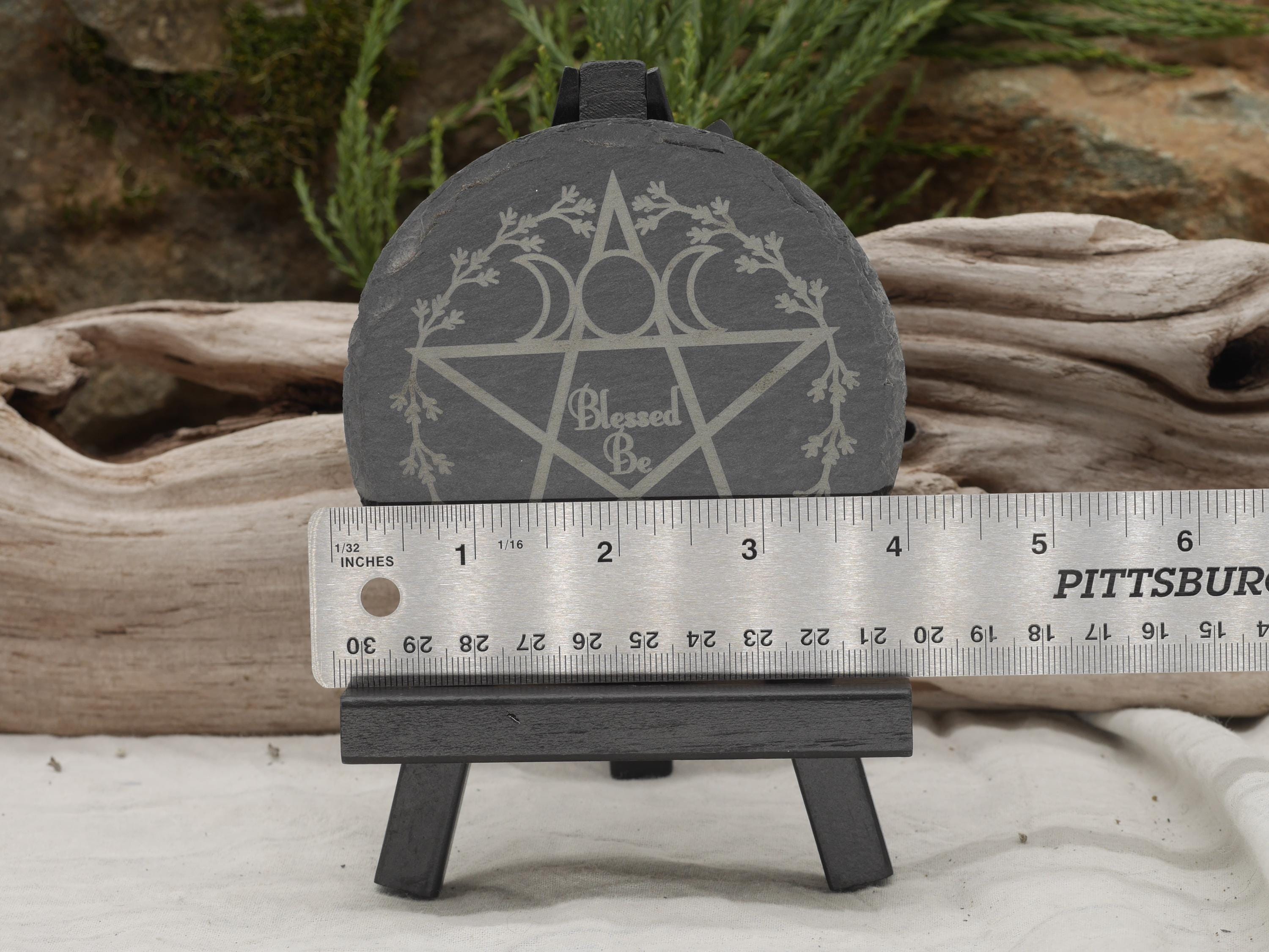 Engraved Slate Mini Altar Tray: Pentacle, Triple Moon, Floral Wreath (4 Inches)