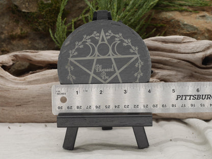 Engraved Slate Mini Altar Tray: Pentacle, Triple Moon, Floral Wreath (4 Inches)