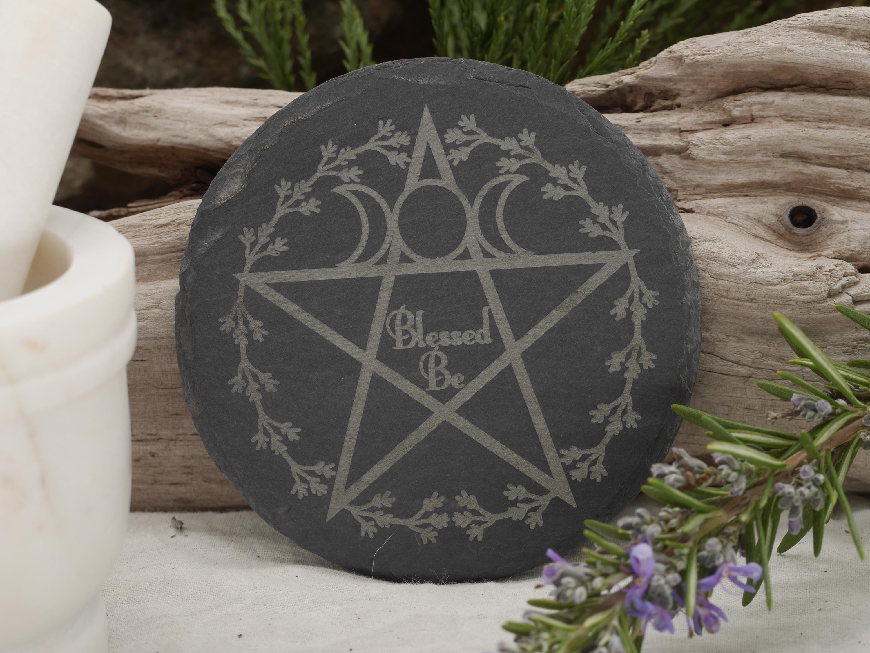 Engraved Slate Mini Altar Tray: Pentacle, Triple Moon, Floral Wreath (4 Inches)