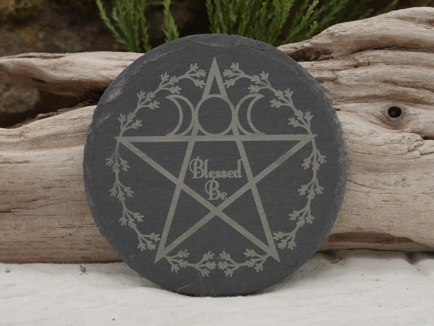 Engraved Slate Mini Altar Tray: Pentacle, Triple Moon, Floral Wreath (4 Inches)
