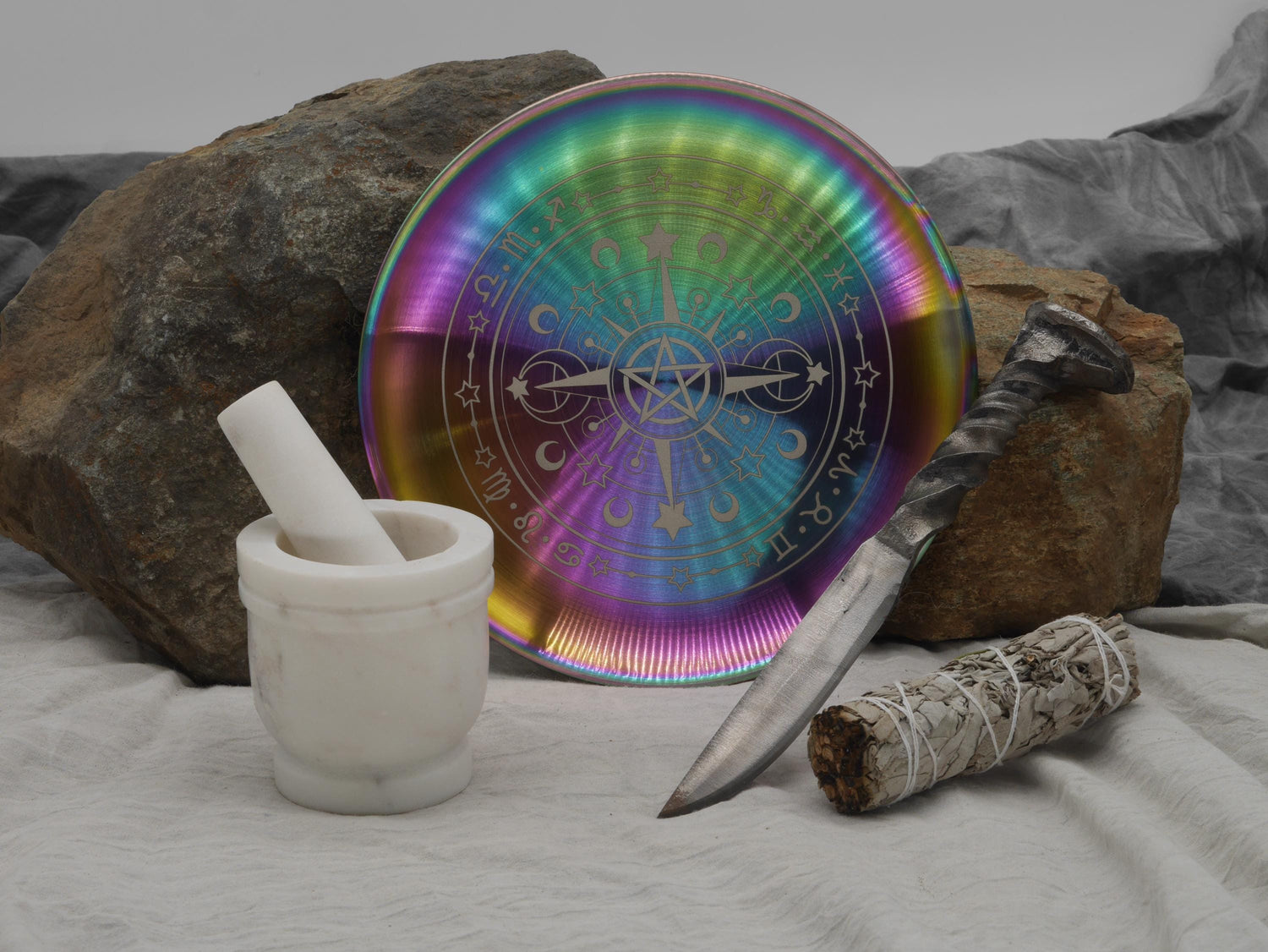 Engraved Rainbow Stainless Steel Crystal Grid Altar Tray