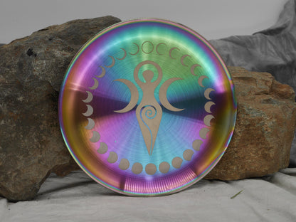 Goddess Triple Moon and Moon Phases Altar Tray / Offering Plate - Engraved Rainbow Stainless Steel