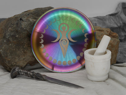 Goddess Triple Moon and Moon Phases Altar Tray / Offering Plate - Engraved Rainbow Stainless Steel