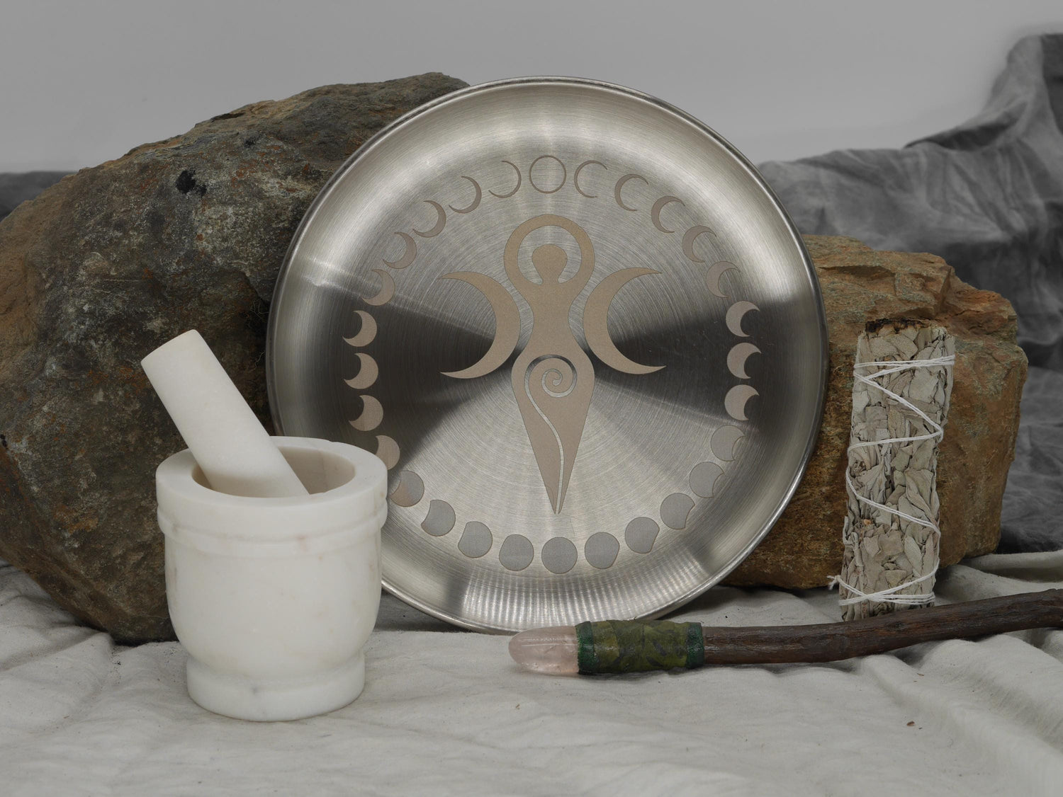 Goddess Triple Moon and Moon Phases Altar Tray / Offering Plate - Engraved Stainless Steel