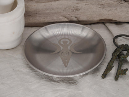 Triple Moon Goddess Altar Tray: Engraved Stainless Steel Offering Plate (5 1/2&amp;quot;)