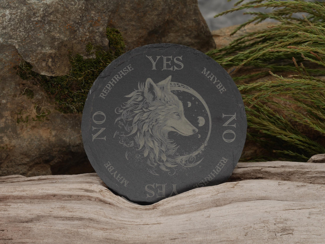 Mystical Wolf Pendulum Board (mini version 4&amp;quot;) on Natural Slate Tray - Divination - Altar Piece