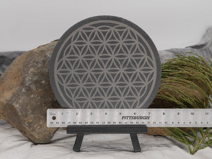 Flower of Life Crystal Grid Engraved on Natural Slate Tray - Altar Piece - Sacred Geometry