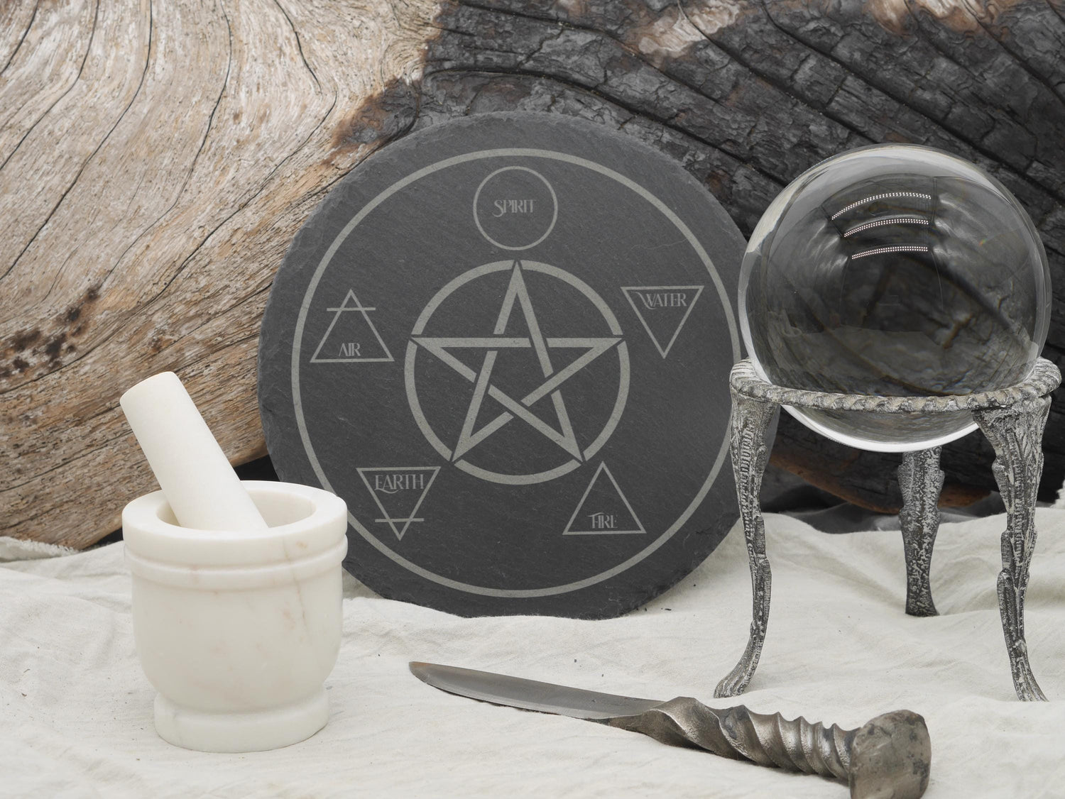 Engraved Slate Altar Tray: Elemental Pentacle Offering Plate