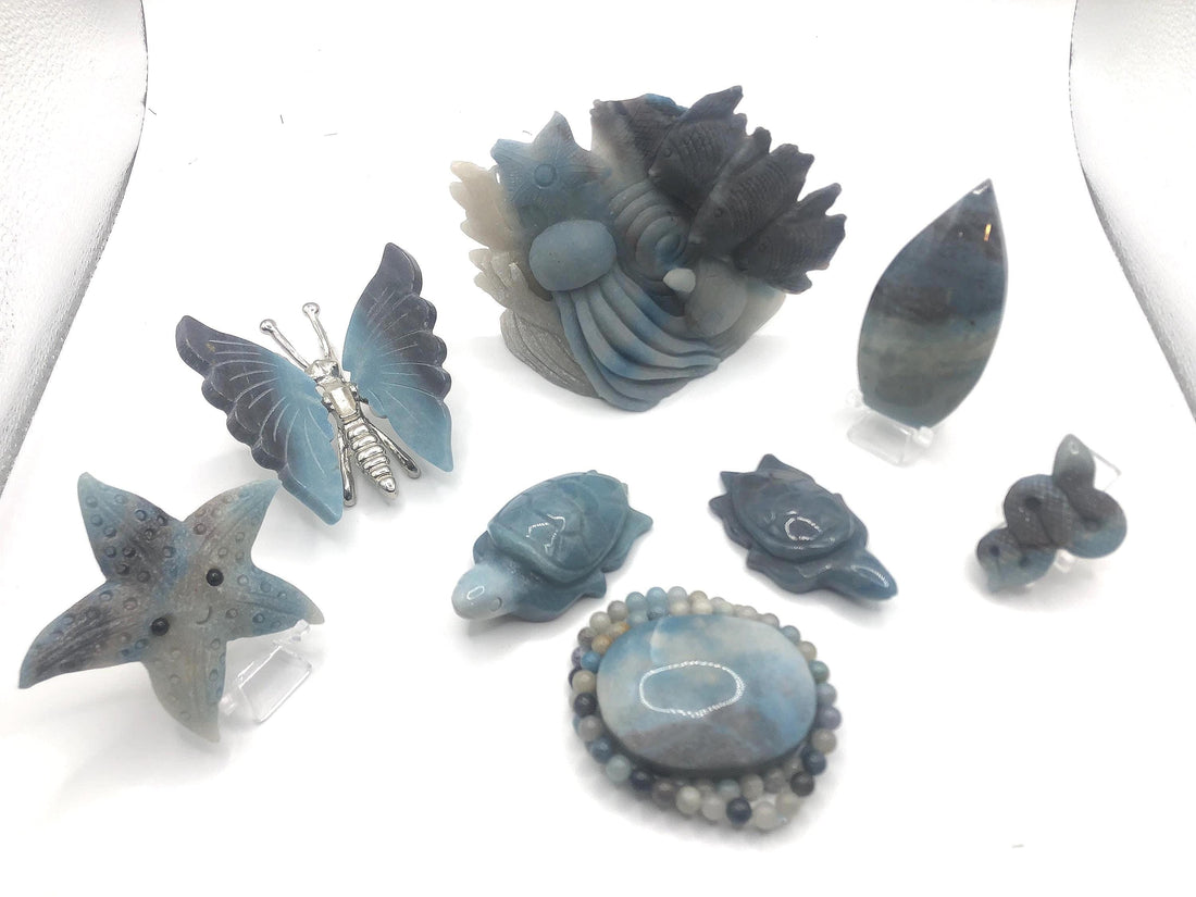 Trolleite Carvings: Ocean Scene, Bracelet, Palm Stone