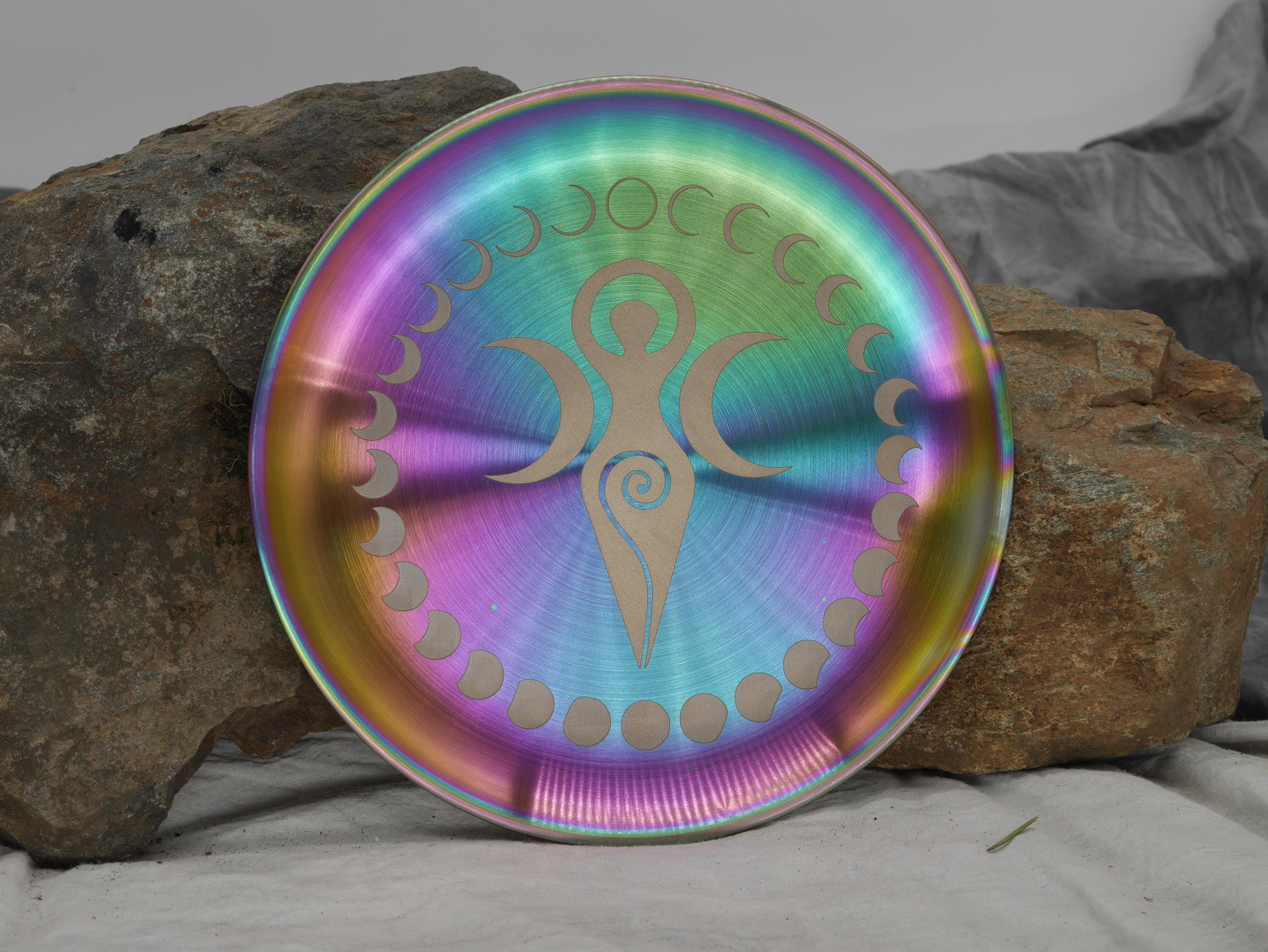 Goddess Triple Moon and Moon Phases Altar Tray / Offering Plate - Engraved Rainbow Stainless Steel