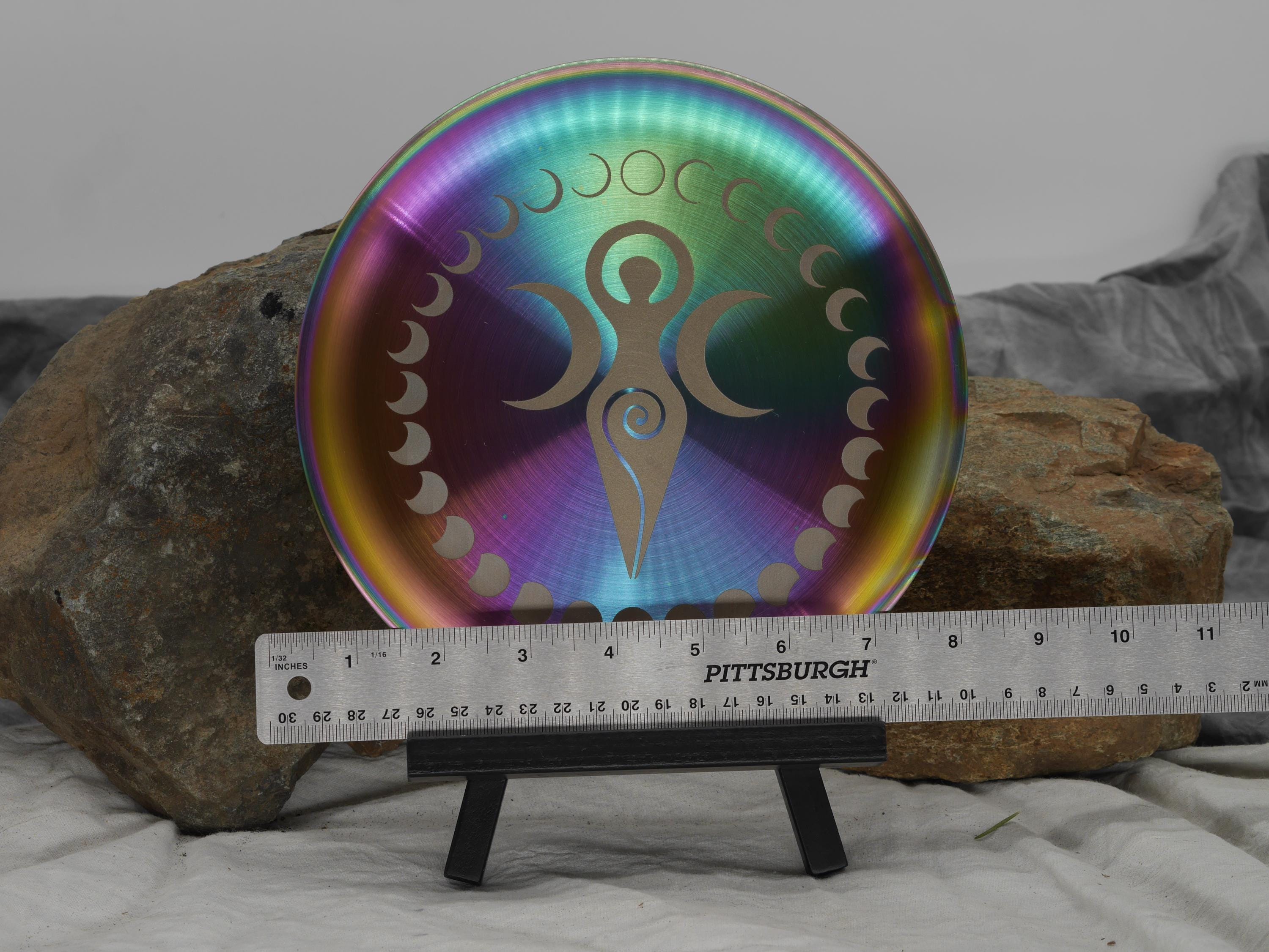 Goddess Triple Moon and Moon Phases Altar Tray / Offering Plate - Engraved Rainbow Stainless Steel
