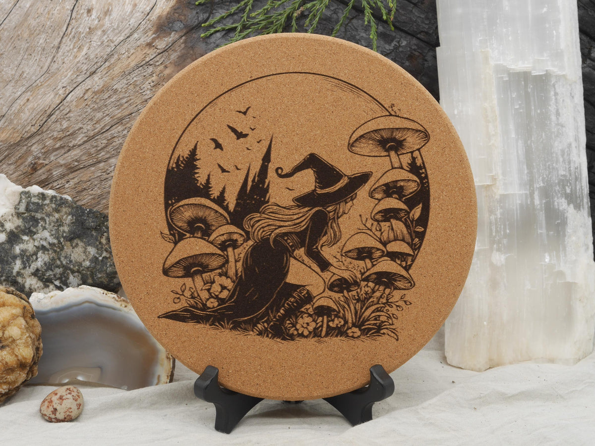 Mushroom Foraging Witch Cork Trivet - Kitchen Decor (7.5&amp;quot;)