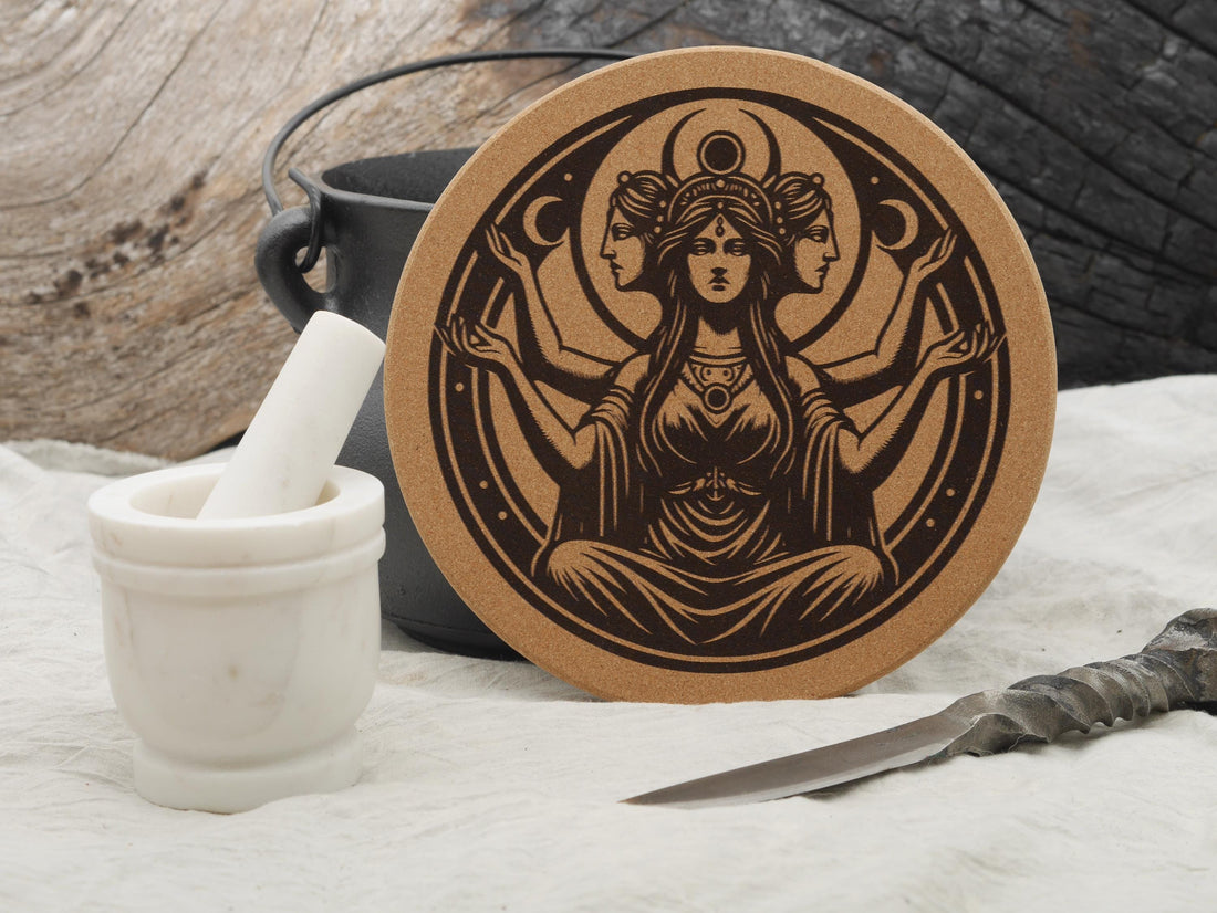 Hecate Triple Goddess Cork Trivet - Kitchen Witch Decor (7 1/2&amp;quot;)