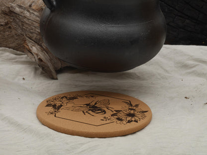 Honey Bee Cork Trivet: Laser Engraved Floral Decor