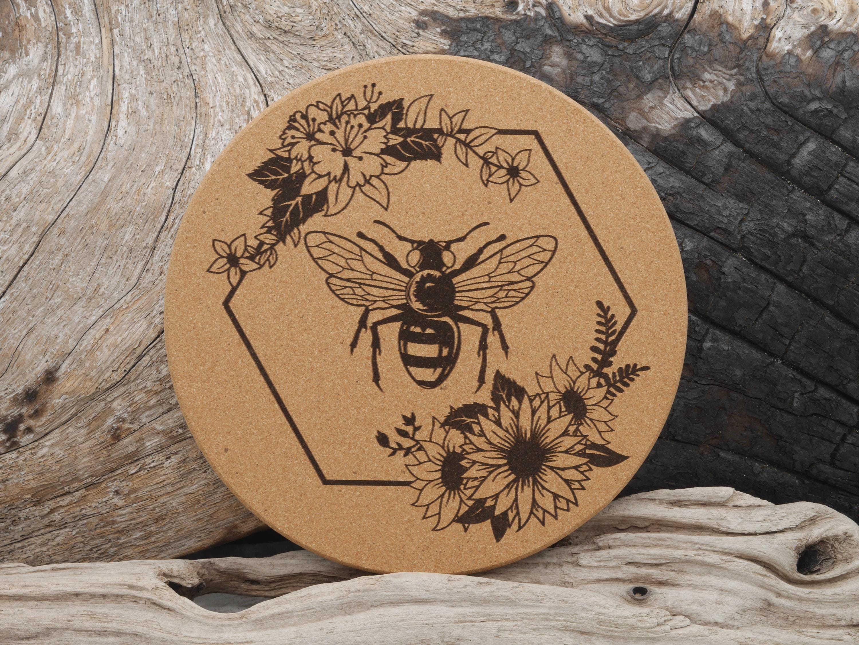 Honey Bee Cork Trivet: Laser Engraved Floral Decor