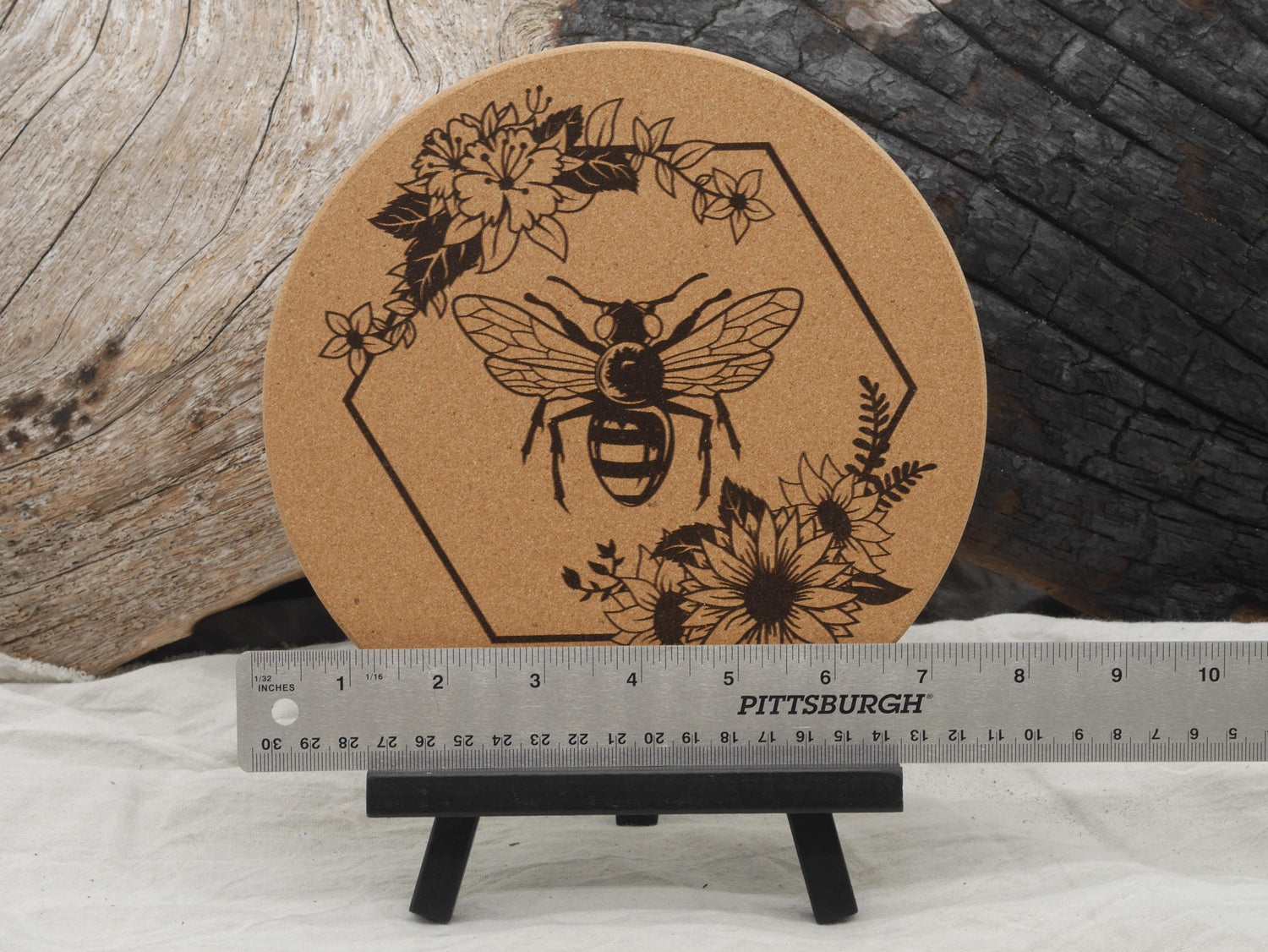 Honey Bee Cork Trivet: Laser Engraved Floral Decor