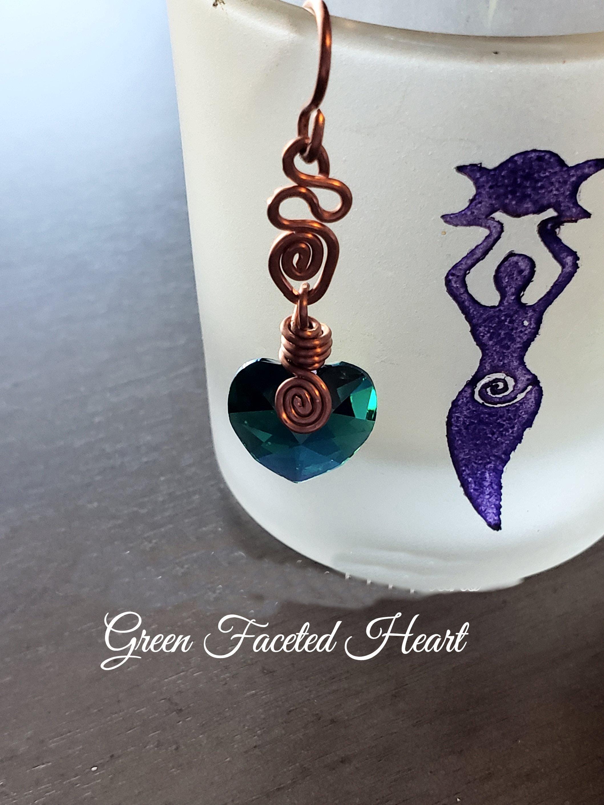 Green Faceted Heart Wire Wrap Earrings, Copper Metaphysical JewelryJE148