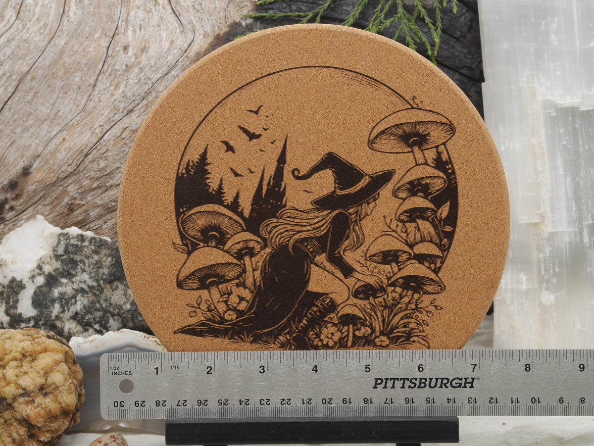Mushroom Foraging Witch Cork Trivet - Kitchen Decor (7.5&amp;quot;)