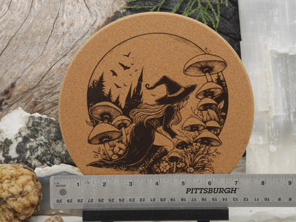 Mushroom Foraging Witch Cork Trivet - Kitchen Decor (7.5&amp;quot;)