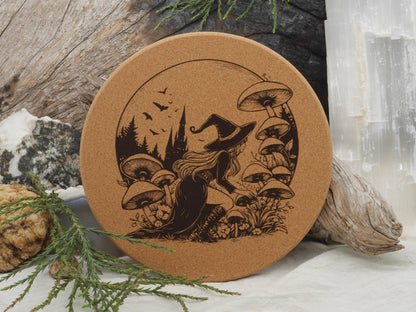 Mushroom Foraging Witch Cork Trivet - Kitchen Decor (7.5&amp;quot;)