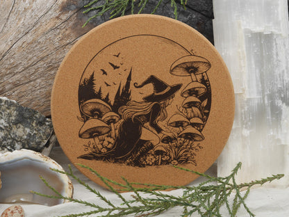 Mushroom Foraging Witch Cork Trivet - Kitchen Decor (7.5&amp;quot;)