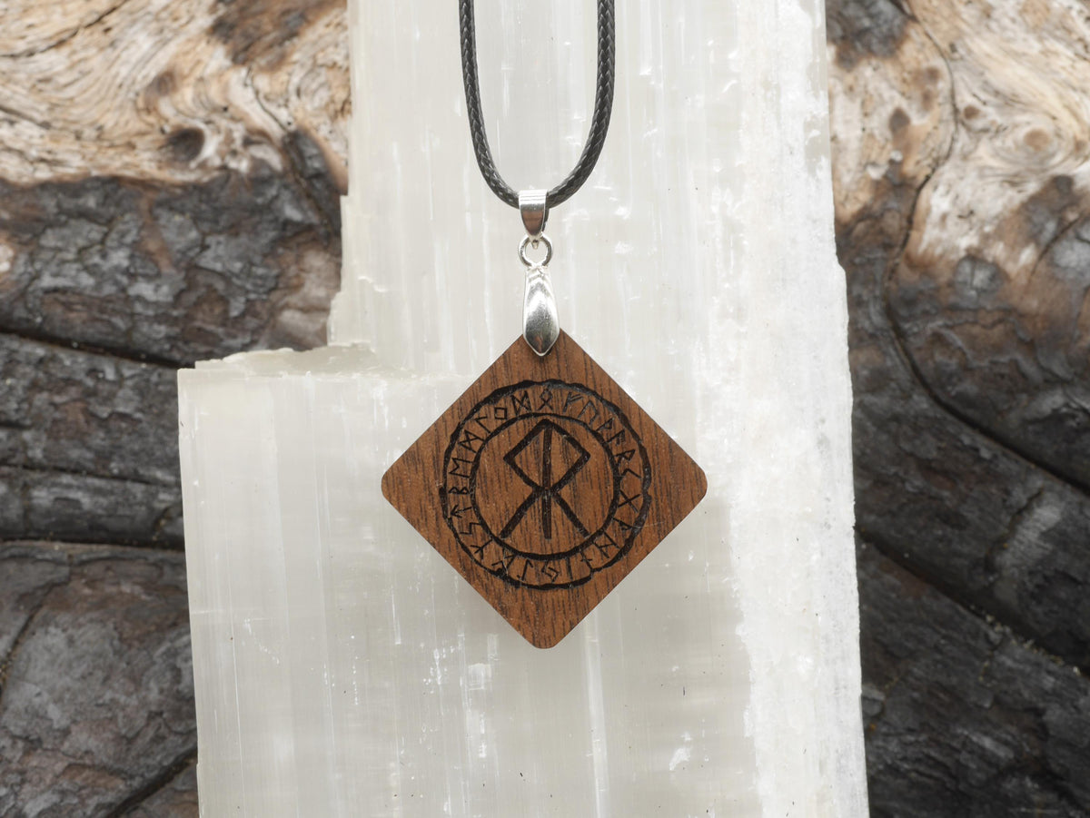 Walnut Courage Bind Rune Pendant – Norse Pagan Diamond Necklace